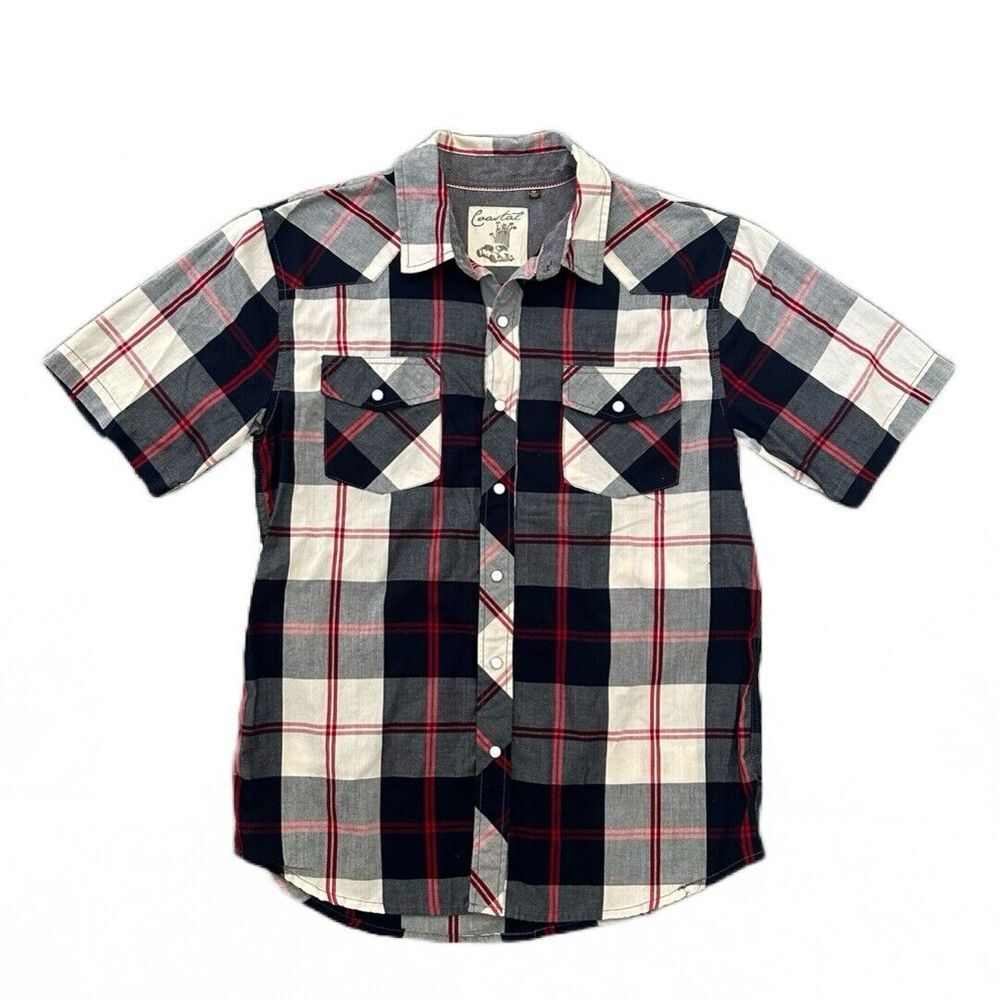 Coastal Mens Western Short Sleeve Shirt M Blue Plaid Pearl Snap‎ Buttons Pockets